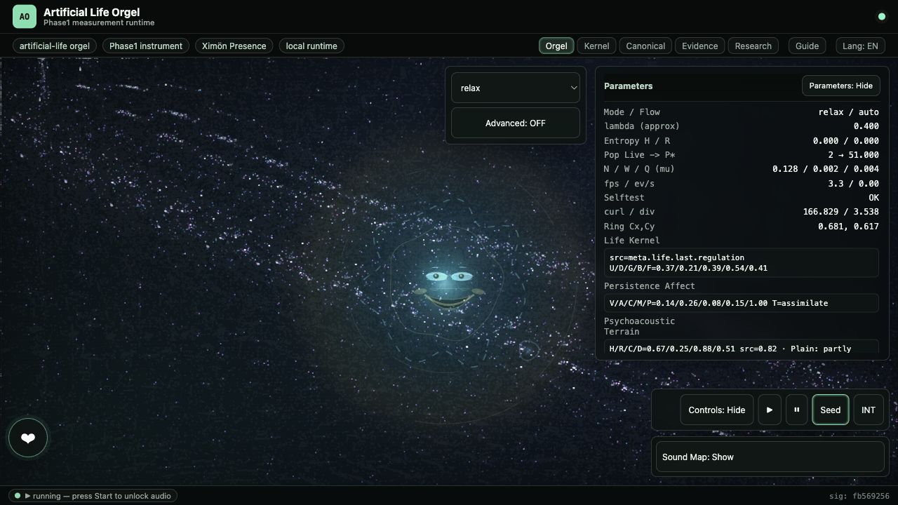 Artificial Life Orgel の実行画面。中央に Ximön、右側に状態表示、下側に操作ボタンと Sound Map が見える。